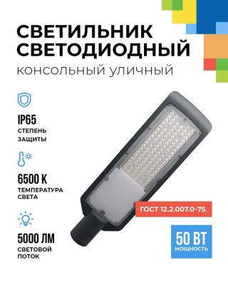 FL-LED Street   50W  Grey  6500K 400*130*27мм  5000Лм  110-240В (светильник консольный LED для d-40мм)